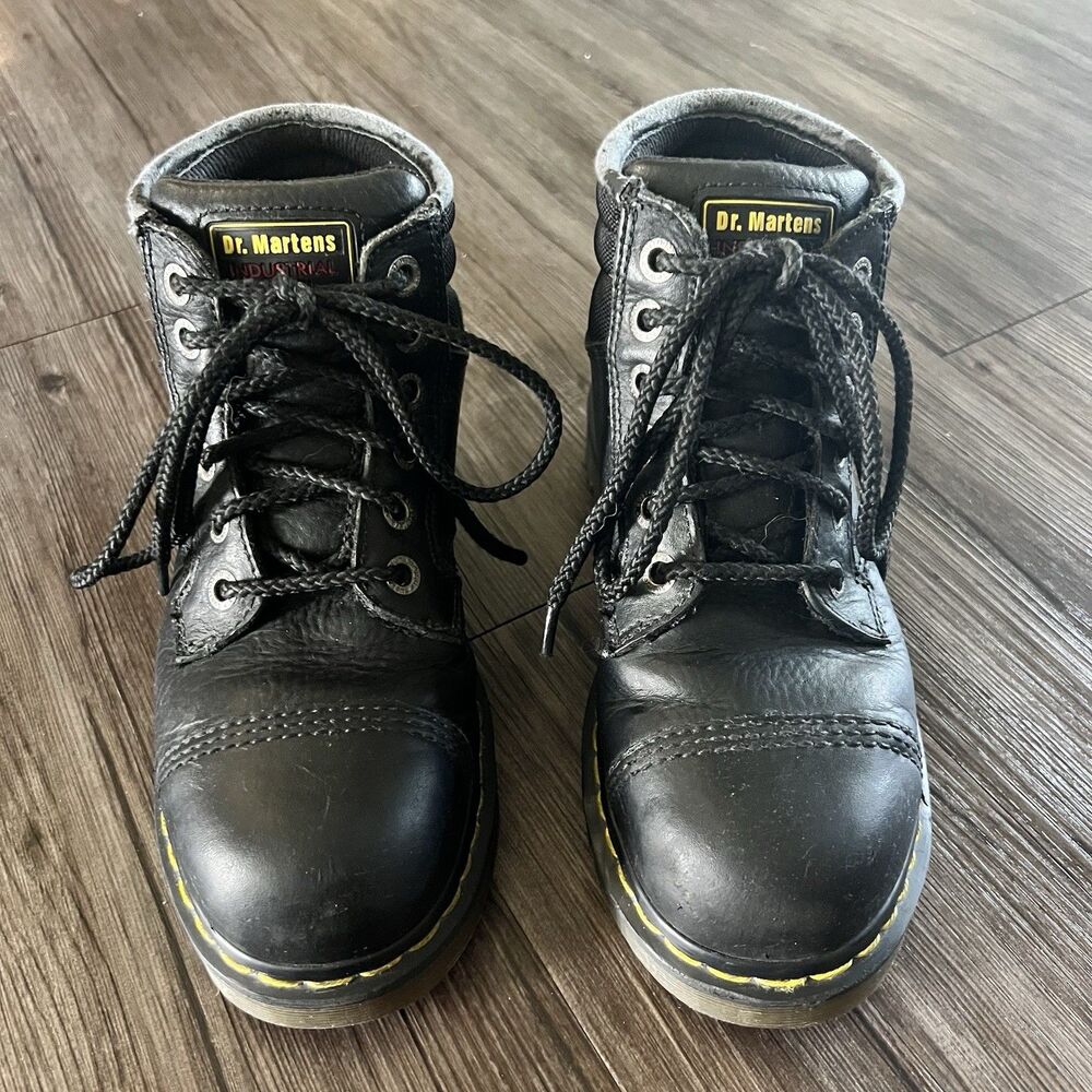 Dr Martens Steel Toe Black Lace Up Boots Slip Resistant Women’s Size 8 Work Shoe